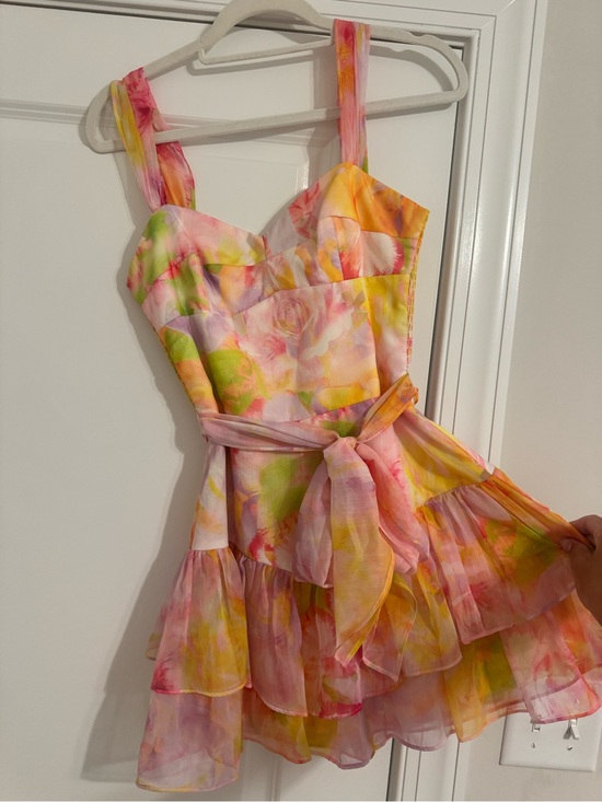 Amanda Uprichard Dresses & Skirts - Amanda Uprichard Pink, Yellow & Cream Watercolor Ruffle Dress